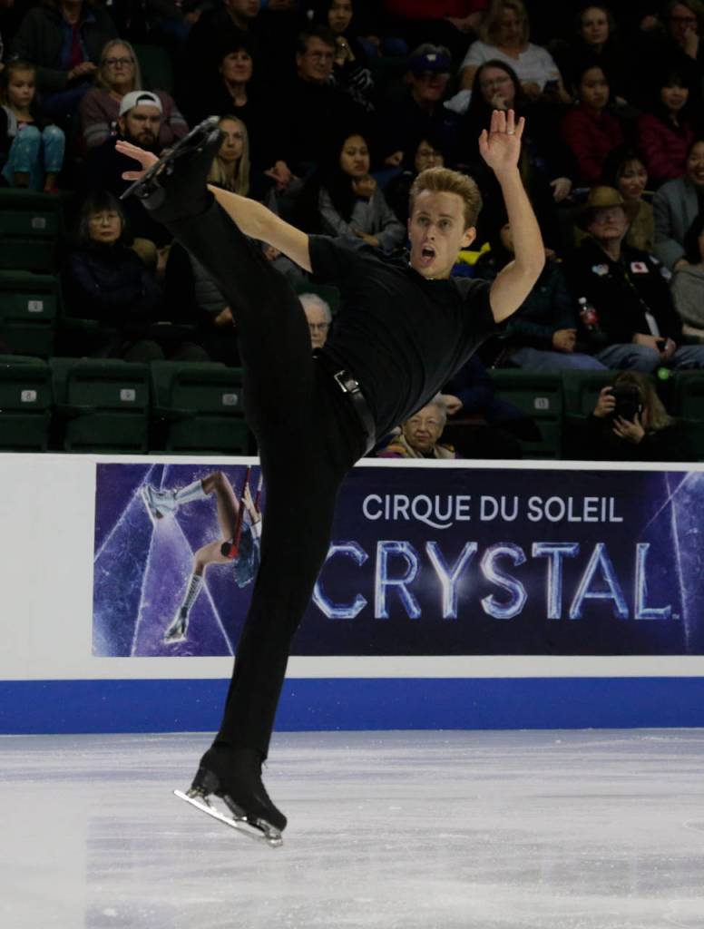 Michal Brezina of the Czech Republic leaps during the mens short program Friday at the 2018 Skate America competition at Angel of the Winds Arena in Everett. (Andy Bronson / The Herald)
