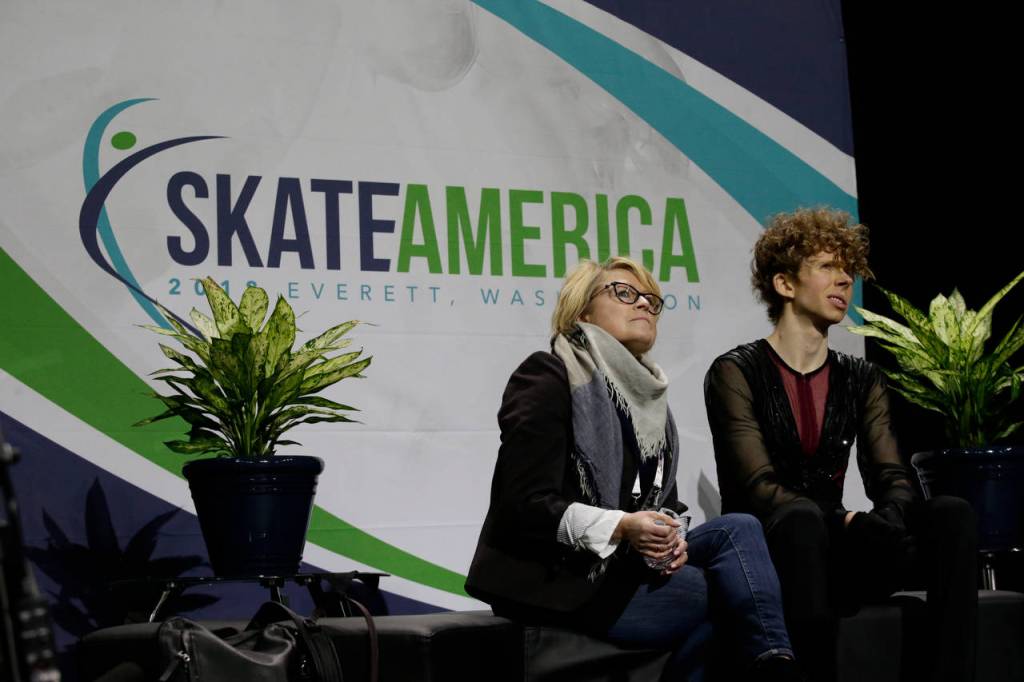 Canadas Kevin Reynolds reacts to his score after the mens short program at the 2018 Skate America competition at Angel of the Winds Arena on Friday in Everett. (Andy Bronson / The Herald)