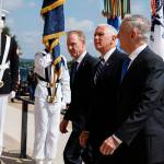 In this Aug. 9 photo, Vice President Mike Pence (center) is greeted by Deputy Secretary of Defense Pat Shanahan (left) and Secretary of Defense Jim Mattis before speaking at an event on the creation of a United States Space Force at the Pentagon. (AP Photo/Evan Vucci)