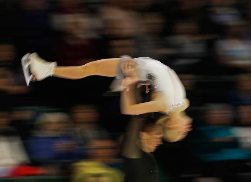 Evgenia Tarasova and Vladimir Morozov perform a lift during the pairs free skating program at Skate America, Friday, Oct. 19, 2018, in Everett, Wash. (Olivia Vanni / The Herald)