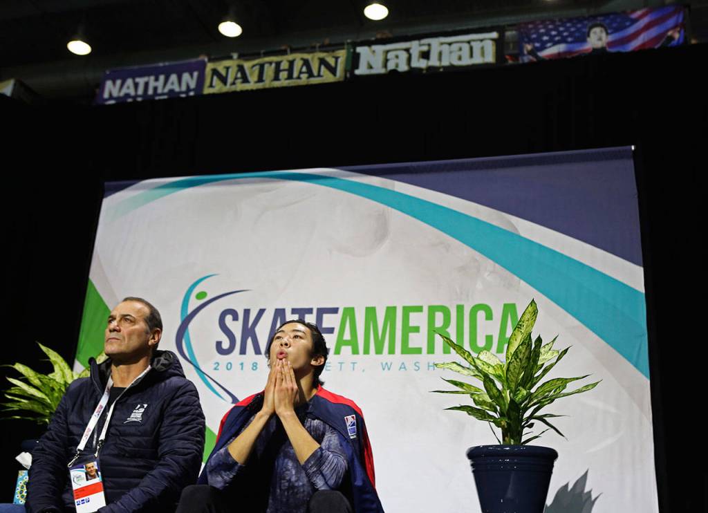 Nathan Chen waits for his score after the mens free skating program at Skate America, Friday, Oct. 19, 2018, in Everett, Wash. (Olivia Vanni / The Herald)