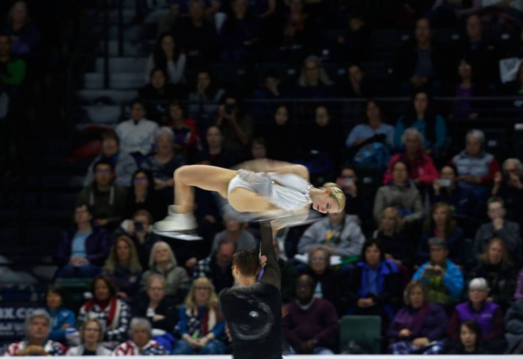 Evgenia Tarasova and Vladimir Morozov perform during the pairs free skating program at Skate America, Friday, Oct. 19, 2018, in Everett, Wash. (Olivia Vanni / The Herald)
