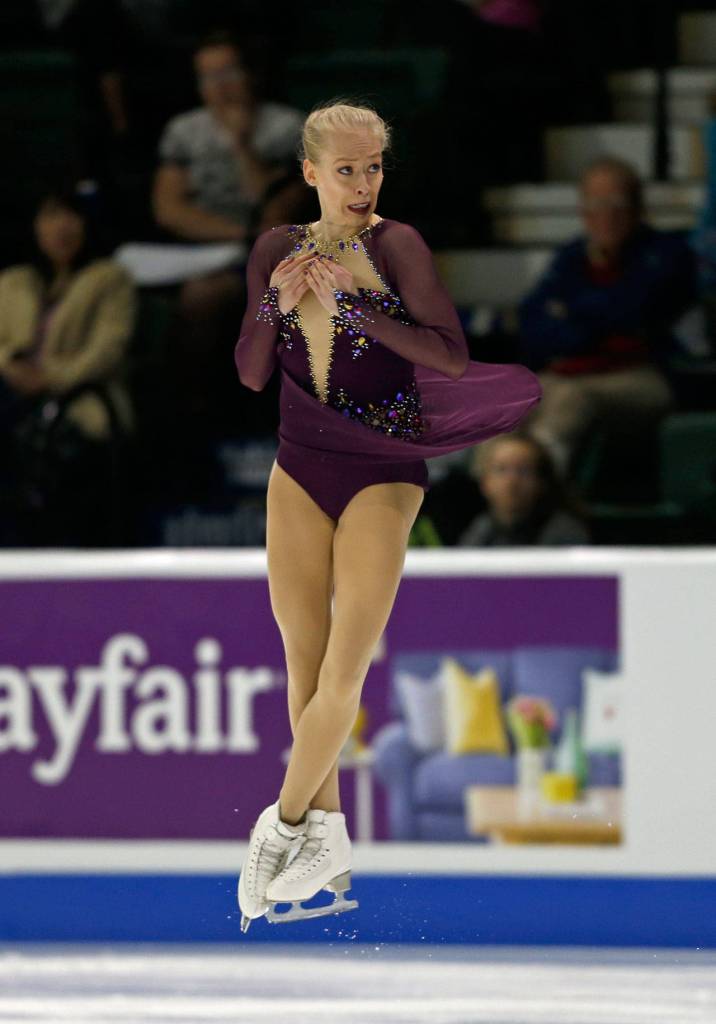 Bradie Tennell jumps during her ladies free skate program at the 2018 Skate America competition on Sunday at Angel of the Winds Arena in Everett. (Olivia Vanni / The Herald)