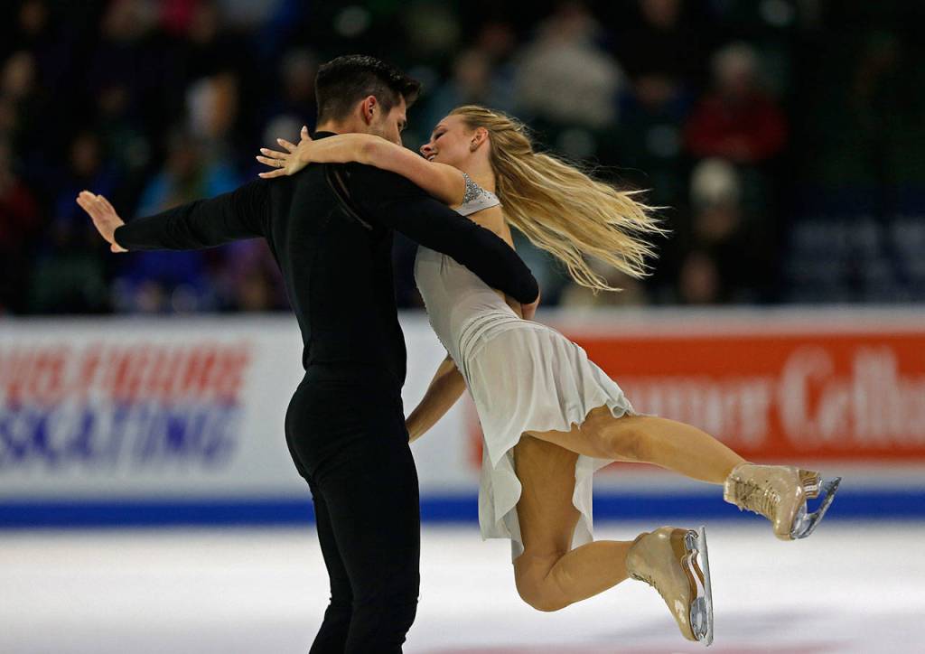 Madison Hubbell and Zachary Donohue perform during the free dance program at the 2018 Skate America competition on Sunday at Angel of the Winds Arena in Everett. (Olivia Vanni / The Herald)