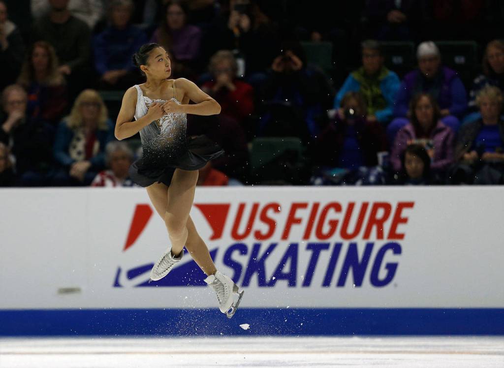 Kaori Sakamoto jumps during her ladies free skate program at the 2018 Skate America competition on Sunday at Angel of the Winds Arena in Everett. (Olivia Vanni / The Herald)