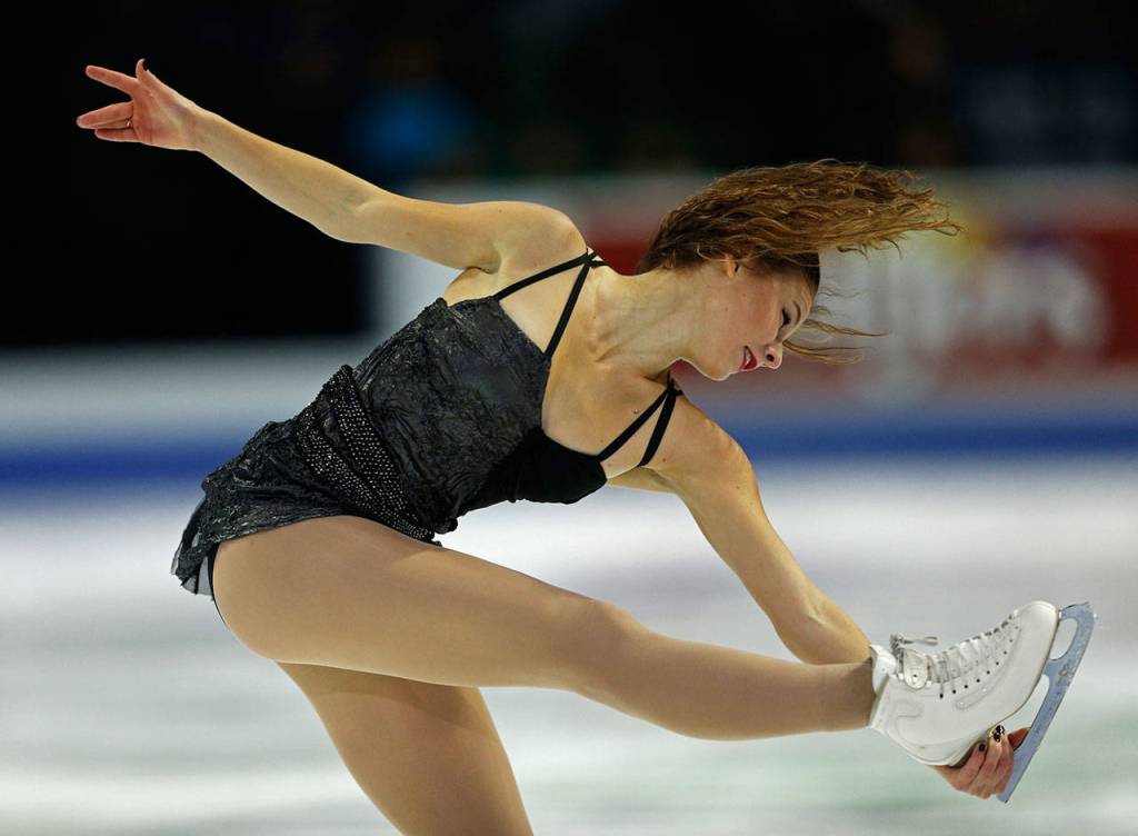 Laurine Lecavelier performs during the ladies free skate program at the 2018 Skate America competition on Sunday at Angel of the Winds Arena in Everett. (Olivia Vanni / The Herald)