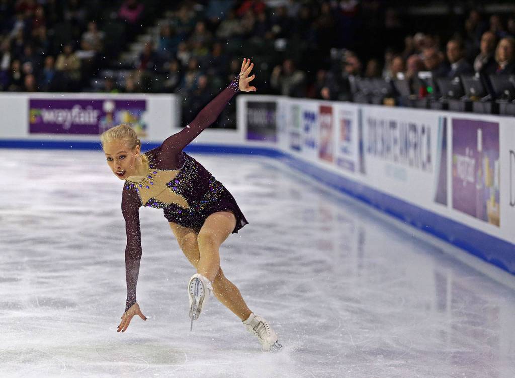 Bradie Tennell trips in front of the judges during her ladies free skate program at the 2018 Skate America competition on Sunday at Angel of the Winds Arena in Everett. (Olivia Vanni / The Herald)