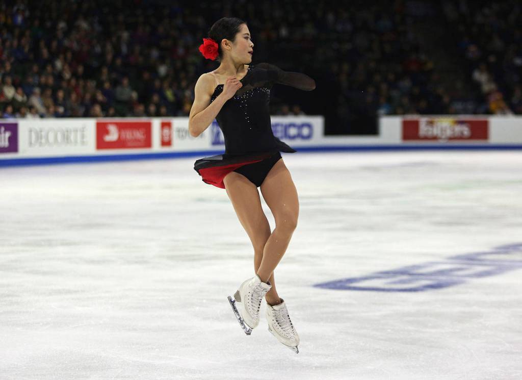 Satoko Miyahara closes jumps during her ladies free skate program at the 2018 Skate America competition on Sunday at Angel of the Winds Arena in Everett. (Olivia Vanni / The Herald)