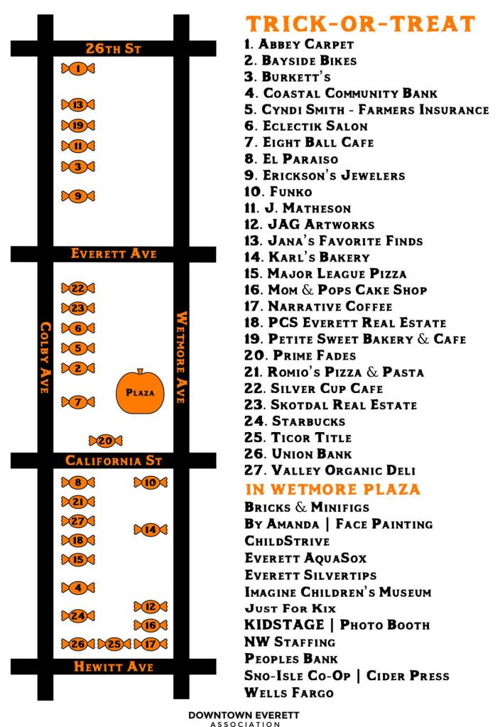 A map of stops for the Downtown Everett Association trick-or-treat event on Halloween, Oct. 31, 2018. (Downtown Everett Association)