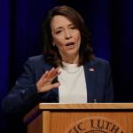 Sen. Maria Cantwell, D-Washington, takes part in a debate with her Republican challenger, Susan Hutchison, Oct. 8, at Pacific Lutheran University in Tacoma. (Ted S. Warren / Associated Press)