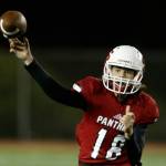 Snohomishs Tayte Conover throws a pass during the Panthers 30-27 win over Squalicum on Fridayat Veterans Memorial Stadium in Snohomish. (Andy Bronson / The Herald)
