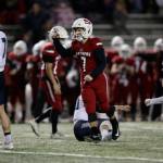 Snohomishs Kyler Hammer (7) raises a fist after kicking a field goal during the Panthers 30-27 win over Squalicum Friday night at Veterans Memorial Stadium in Snohomish. (Andy Bronson / The Herald)
