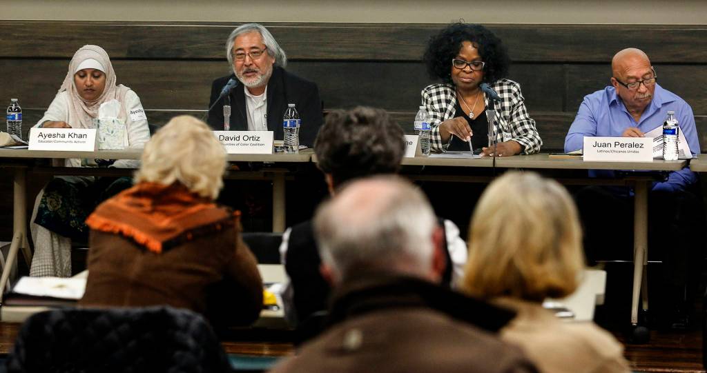 From left, Ayesha Khan, David Ortiz, Janice Greene and Juan Peralez were part of a panel at the <a href="https://www.heraldnet.com/news/be-civil-panel-says-but-dont-avoid-the-hard-conversations/" target="_blank">Civil Discourse Forum at Everett Community College</a> on Oct. 24. (Dan Bates / The Herald)
