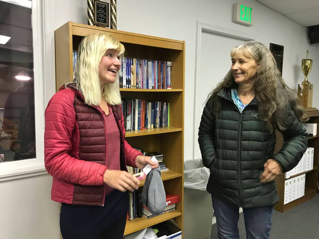 Katharina Groene (left) of Munich, Germany, and Nancy Abell speak to reporters after a news conference Wednesday. Abell encountered Groene on the Pacific Crest Trail last week, then became concerned when she heard the weather was getting bad. (Chuck Taylor / The Herald)