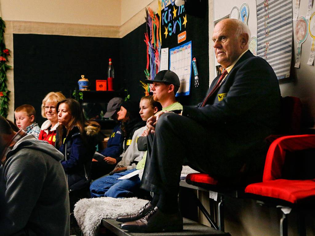 Federal Judge John Coughenour takes a seat of honor overlooking the portable room known on most days as teacher Barbara Bromleys Class. However, on this day it is a courtroom where her fifth-grade students will act the roles of court clerks, attorneys, prosecutors, police officers, jurors, three little pigs and Sneezy the Wolf. (Dan Bates / The Herald)