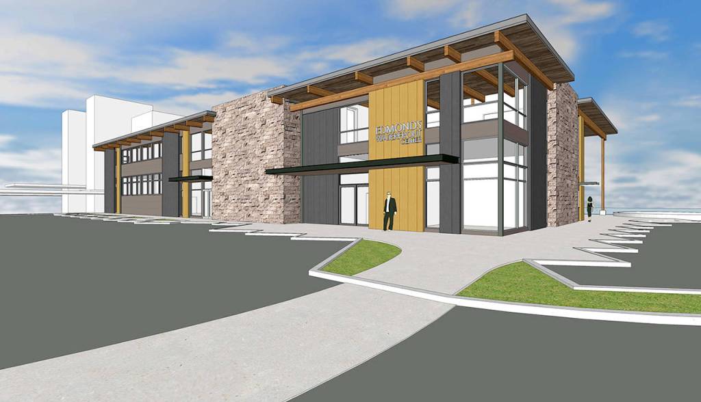 An artists rendering of the planned Edmonds Waterfront Center, viewed from the northeast. (Contributed)