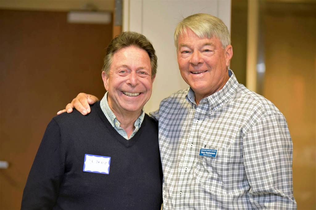 Edmonds Senior Center board members David Jaffe (left) and Gary Haakenson pause for a photo at an Oct. 25 fundraising breakfast for the Edmonds Senior Centers capital campaign. (Contributed photo)