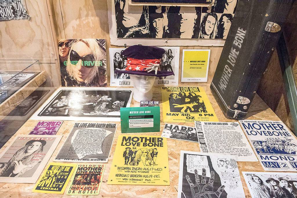 A collection of Mother Love Bone fliers, gear and promotional materials  plus a hat worn by Andrew Wood. (Jim Bennett/MoPOP)