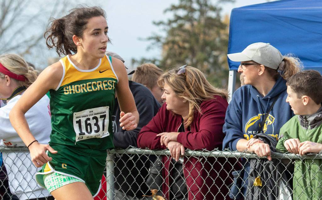 Shorecrests Lillian Visser competes in the 3A girls state cross country championship meet on Nov. 3, 2018, at Sun Willows Golf Course in Pasco. Visser finished in sixth place. (TJ Mullinax / For The Herald)