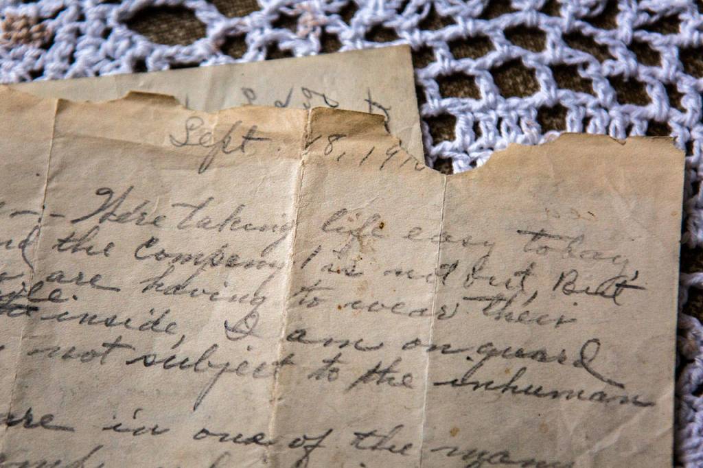 A letter written by William Franklin Noble from near the front lines of World War I a century ago. Elaine Reas keeps the old letters at her home in Lynnwood. (Olivia Vanni / The Herald)