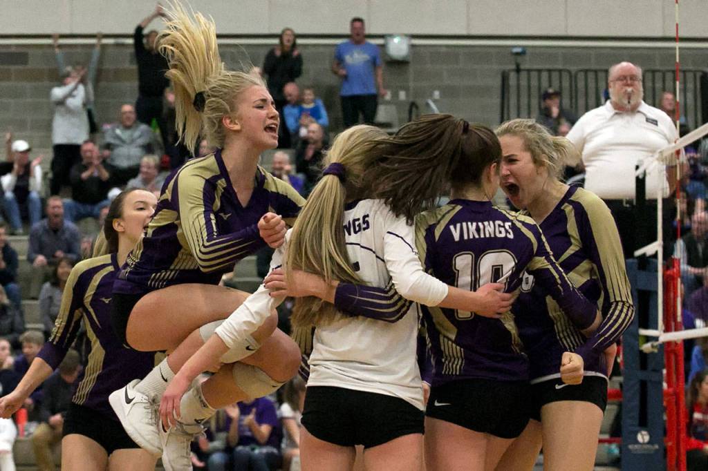 Lake Stevens players celebrate a point during a Wes-King 4A District Tournament game against Issaquah on Nov. 6, 2018, at Bothell High School. (Kevin Clark / The Herald)