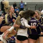 Lake Stevens celebrates a point during the District Volleyball Tournament Tuesday night at Bothell High School on November 6, 2018. Chargers won 25-17. (Kevin Clark / The Herald)