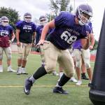 Devan Kylany runs through drills Thursday afternoon during practice at Lake Stevens High School in Lake Stevens on August 23, 2018. (Kevin Clark / The Herald)