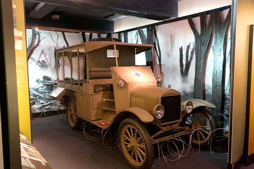 An ambulance from World War I is on display at the WWI America exhibit. (Kevin Clark / The Herald)