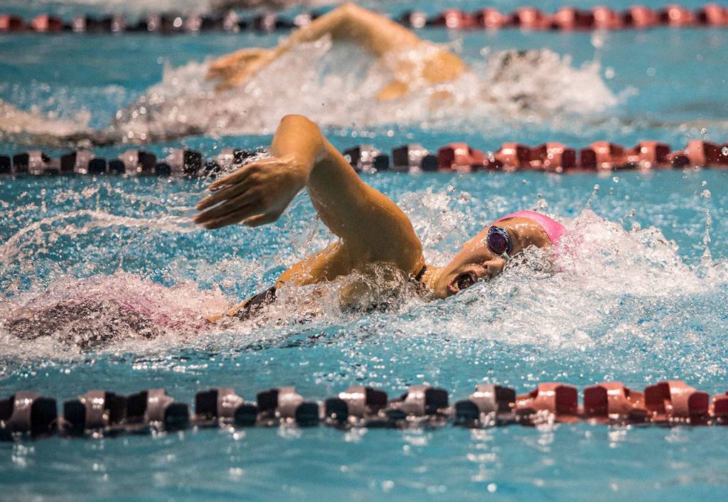Kamiaks Elli Straume competes in the 200-yard freestyle during the 4A state swimming and diving championships on Nov. 10, 2018, in Federal Way. (Olivia Vanni / The Herald)