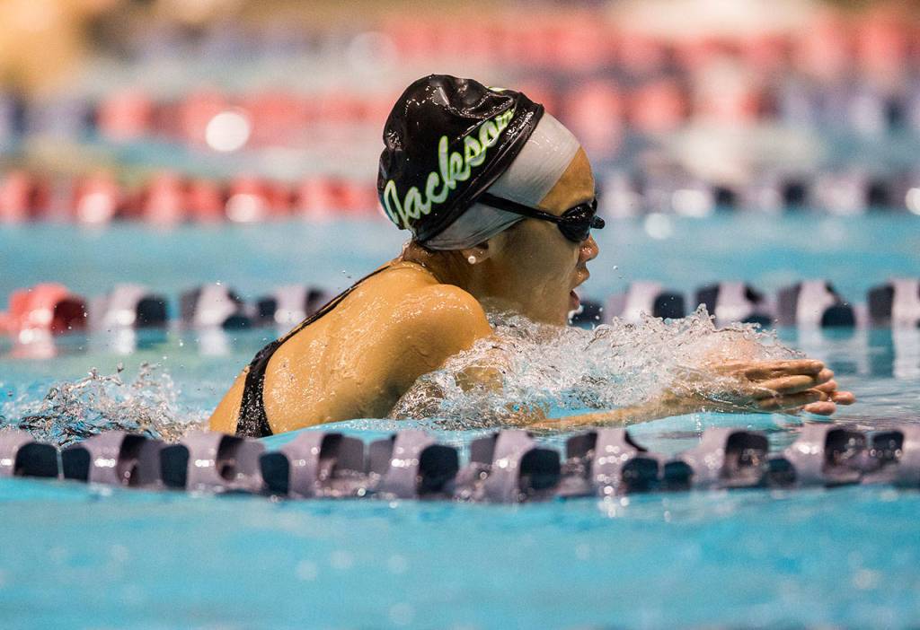Jacksons Heidi Ly competes in the 200-yard IM during the 4A state swimming and diving championships on Nov. 10, 2018, in Federal Way. (Olivia Vanni / The Herald)