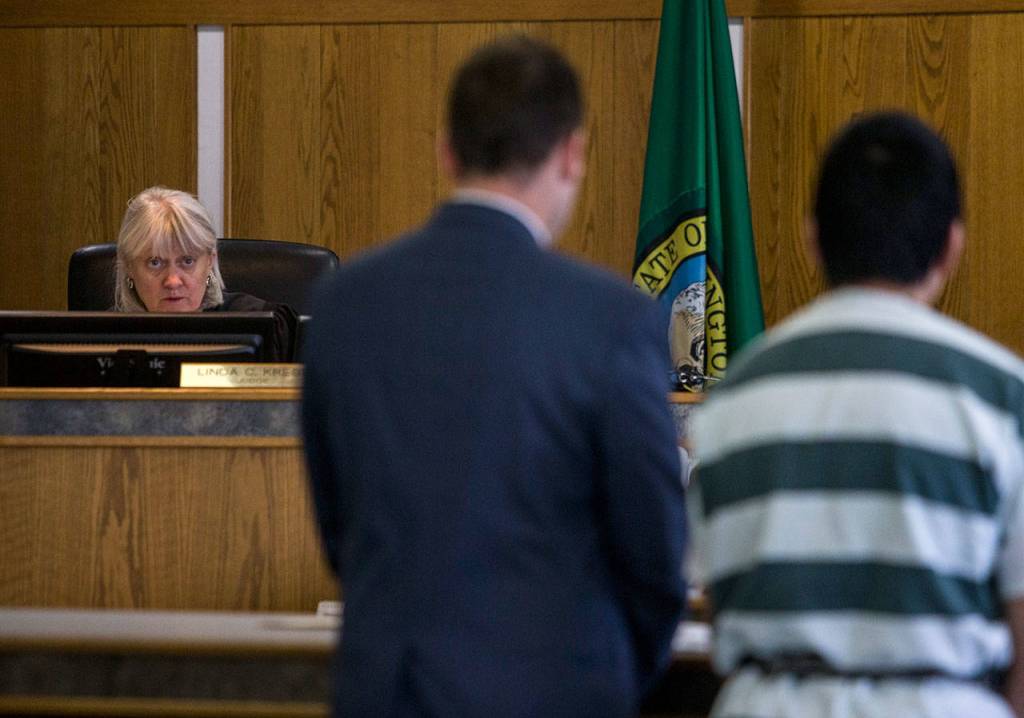 Judge Linda Krese speaks to Brian Varela during his sentencing in Snohomish County Superior Court on Thursday in Everett. (Olivia Vanni / The Herald)