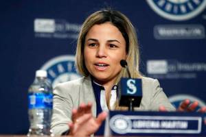 Lorena Martin, Seattle Mariners director of high performance, speaks Thursday, Jan. 25, 2018, in Seattle, during the Mariners annual media briefing before the start of spring training baseball. (AP Photo/Ted S. Warren)