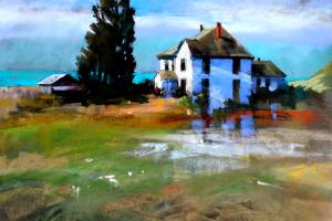 Valley Homestead is by Vashon artist Janice Wall, based on a scene from Whidbey Island.