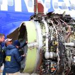 In this April 17 photo, National Transportation Safety Board investigators examine damage to the engine of the Southwest Airlines plane that made an emergency landing at Philadelphia International Airport in Philadelphia. (NTSB via AP, file)