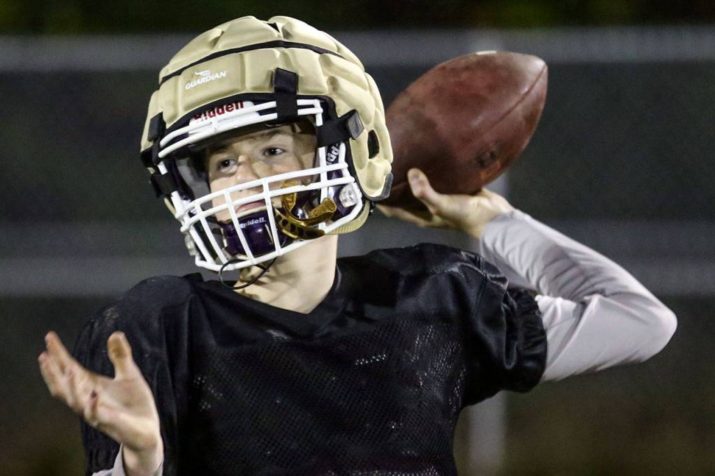 Marshall Adams of the U14 Lake Stevens Vikings throws during a team practice Thursday at the Lake Stevens Boys Girls Club. (Kevin Clark / The Herald)