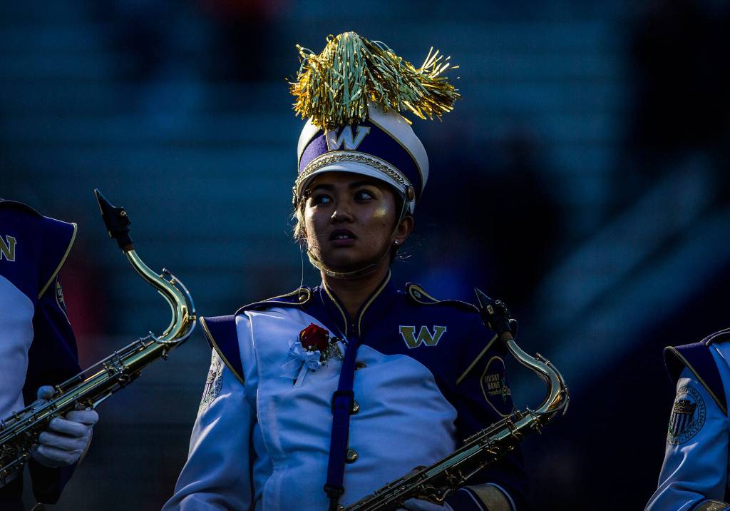 A University of Washington band member stands on the field before the game against Oregon State on Saturday, Nov. 17, 2018 in Seattle, Wa. (Olivia Vanni / The Herald)
