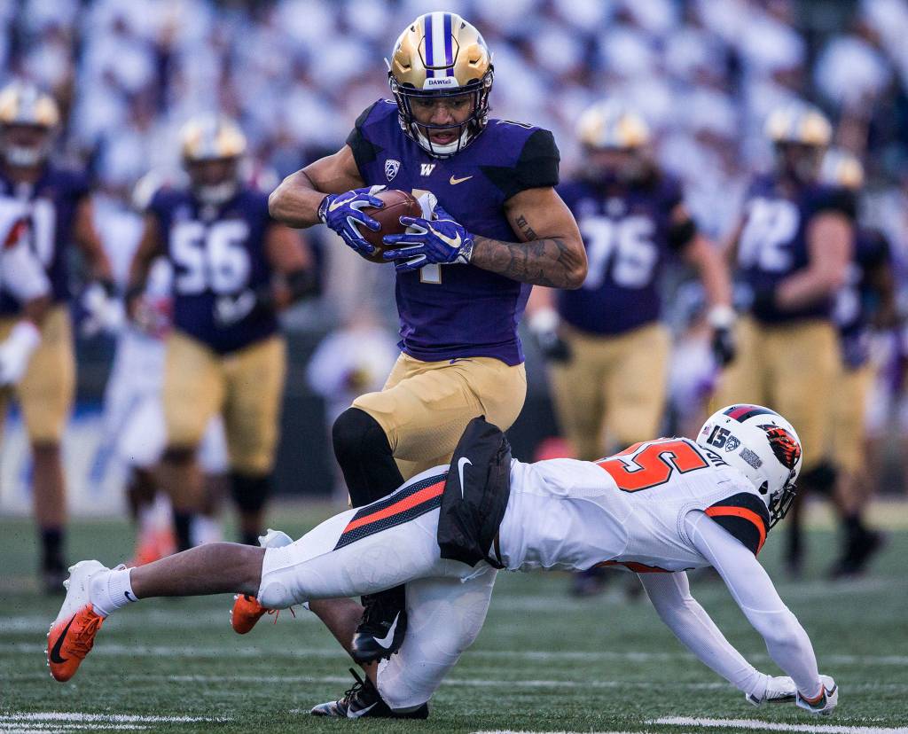 Washingtons Byron Murphy gets his legs tangled in a tackle during the game against Oregon State on Saturday, Nov. 17, 2018 in Seattle, Wa. (Olivia Vanni / The Herald)