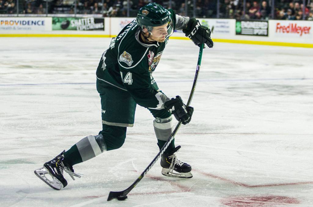 Silvertips Riley Sutter takes a shot during the game against the Spokane Chiefs on Sunday, Nov. 18, 2018 in Everett, Wa. (Olivia Vanni / The Herald)