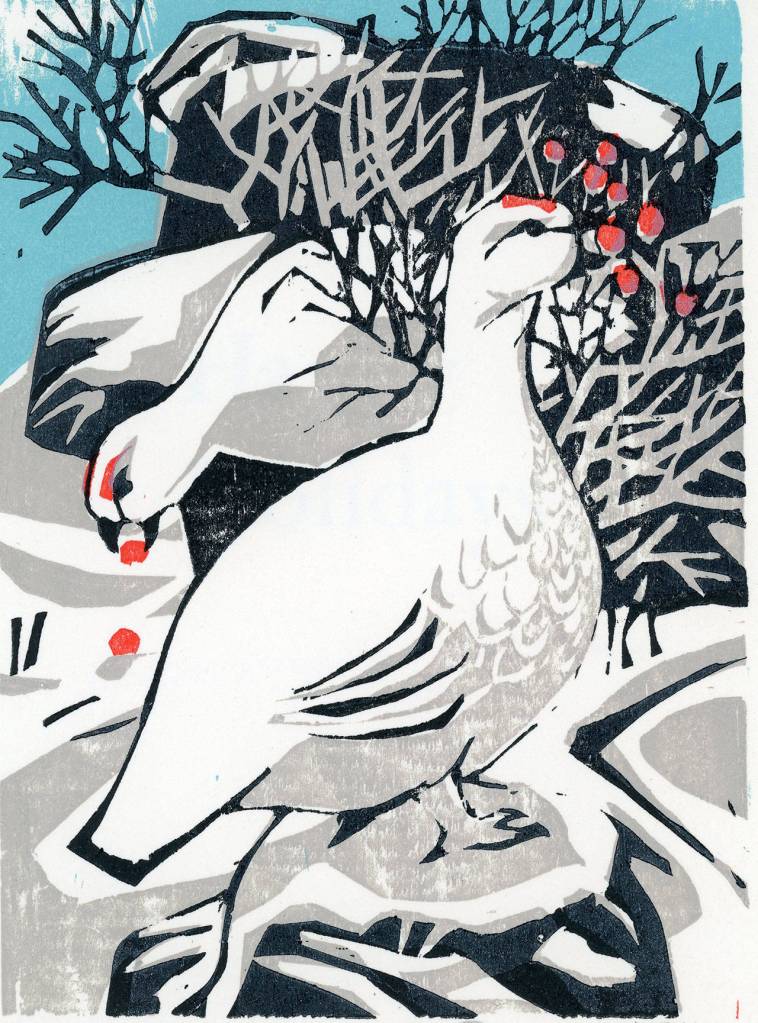 Danny Pierces Ptarmigan has been a favorite card at the exhibit over the years. Pierce created the woodcut in 1994.
