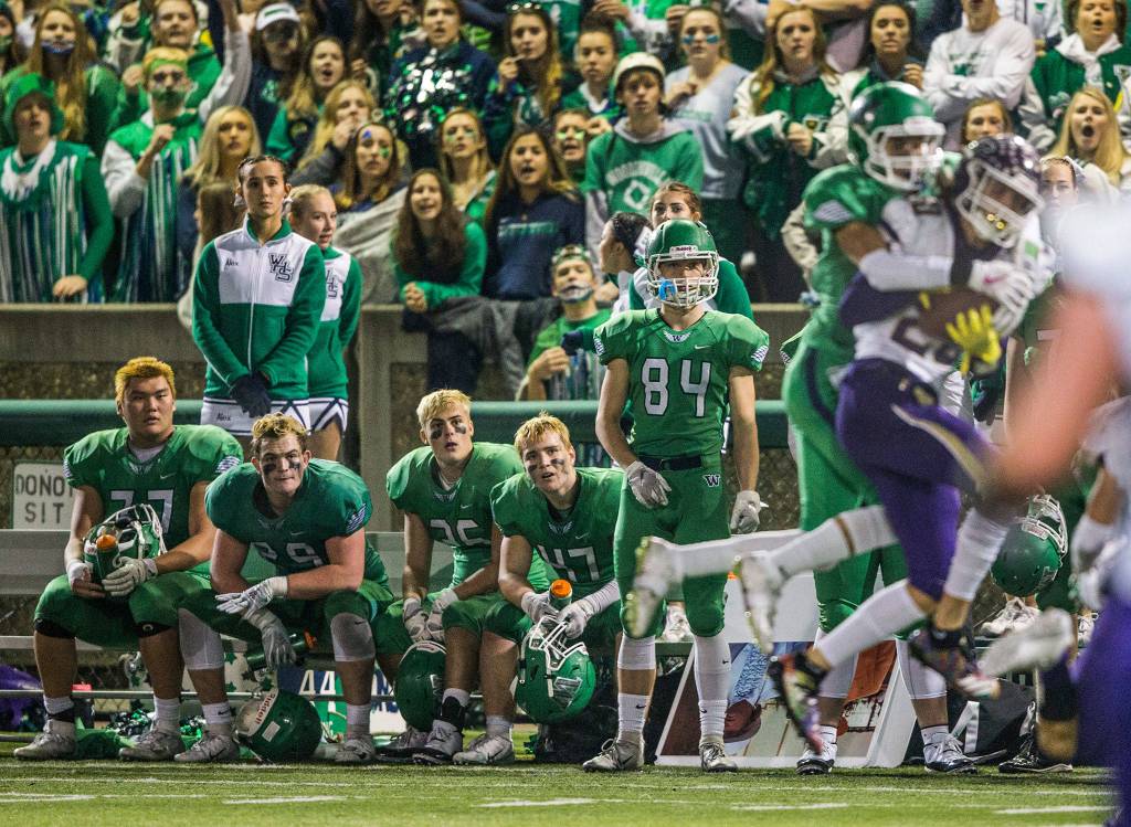 The Woodinville team reacts to Lake Stevens Kasen Kinchens interception during the Class 4A state state semifinal game against Woodinville at Pop Keeney Stadium on Saturday, Nov. 24, 2018 in Bothell, Wa. (Olivia Vanni / The Herald)