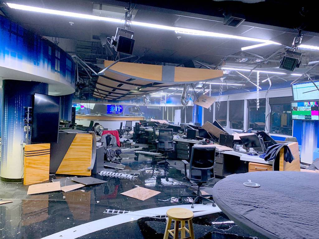 The newsroom of KTVA , the CBS affiliate in Anchorage, after Fridays earthquake. (Cassie Schirm / KTVA via Twitter)