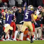 Washington defensive back Myles Bryant (5) celebrates as defensive back Byron Murphy (1) returns an interception for a touchdown during the second half of the Pac-12 Conference championship game against Utah on Nov. 30, 2018, in Santa Clara, Calif. (AP Photo/Tony Avelar)