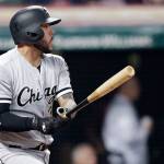 Chicagos Omar Narvaez hits a single in the sixth inning of a Sept. 19 game in Cleveland. (AP Photo/Tony Dejak)