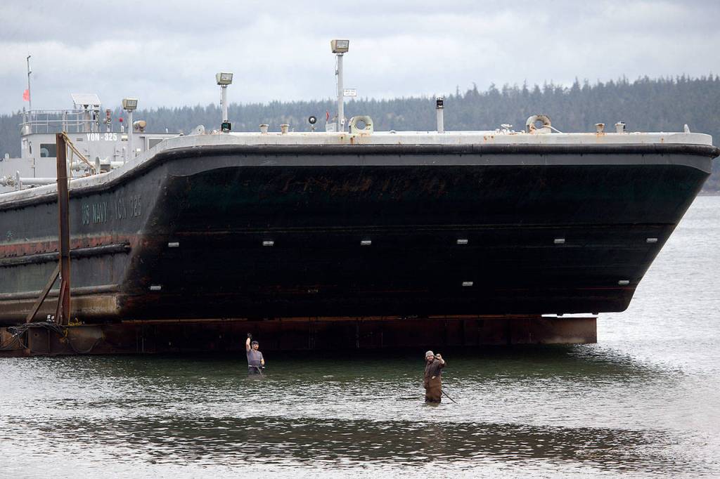 Two employees are dwarfed by a barge as they attempt to haul a cable out to it in the bay at Nichols Brothers Boat Builders. (Andy Bronson / The Herald)