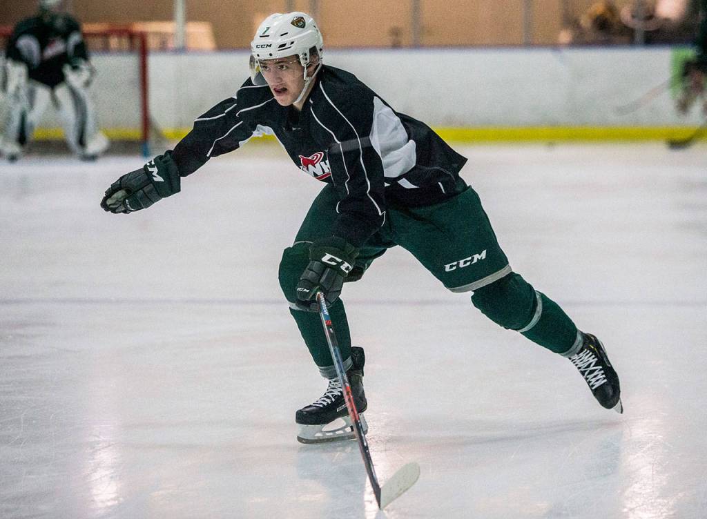 Silvertips Martin Fasko-Rudas, also know as Tomato, skates during a drill at practice on Wednesday, Nov. 7, 2018 in Everett, Wa. (Olivia Vanni / The Herald)