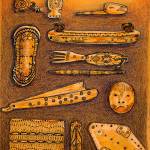 Susan Ringstad Emery spent several days at the Anchorage Museum studying artifacts from the Smithsonian Arctic Studies Center. She studied these pieces, which she drew. A descendant of Inupiaq and Scandinavian people, she uses the imagery from her ancestry in her art.