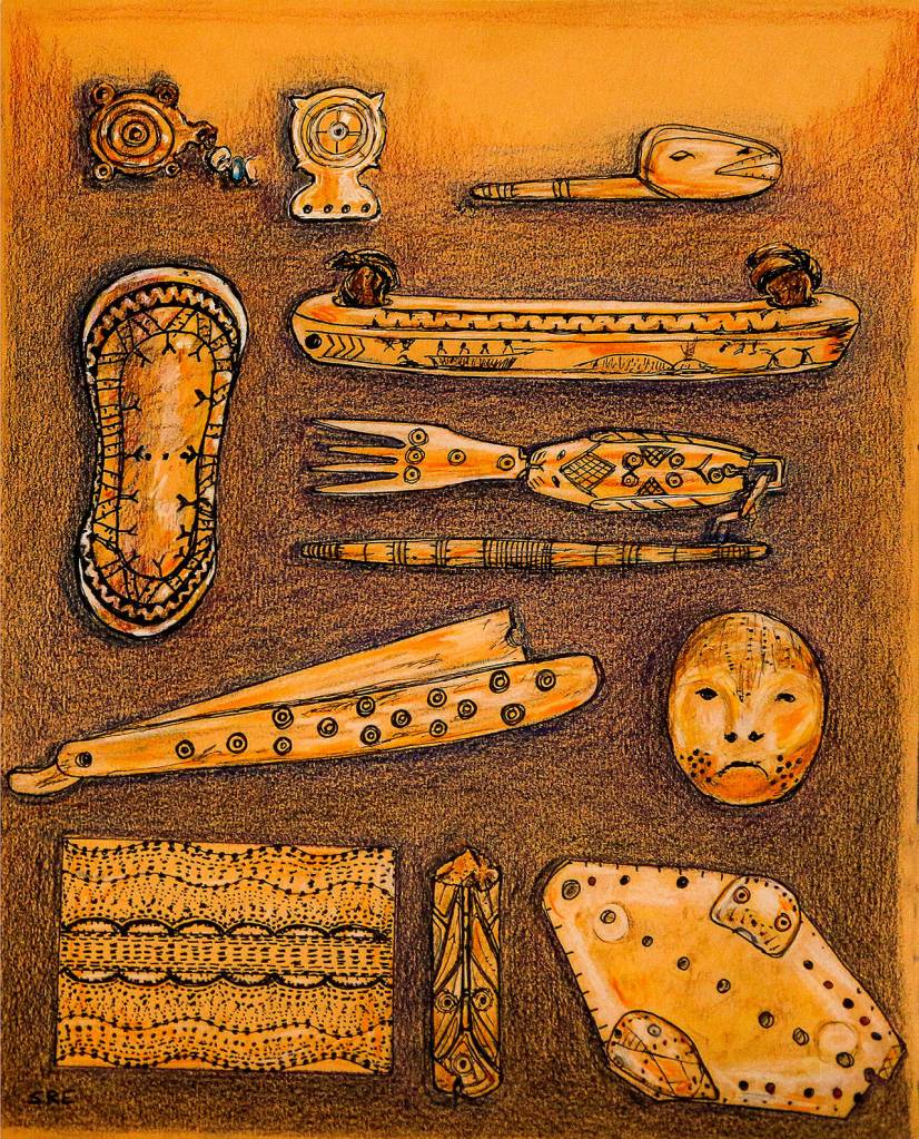 Susan Ringstad Emery spent several days at the Anchorage Museum studying artifacts from the Smithsonian Arctic Studies Center. She studied these pieces, which she drew. A descendant of Inupiaq and Scandinavian people, she uses the imagery from her ancestry in her art.