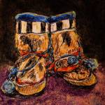Susan Ringstad Emery spent several days at the Anchorage Museum studying artifacts from the Smithsonian Arctic Studies Center. She studied artifacts such as these mukluks, and drew them with an eye for her ancestors belongings. A descendant of Inupiaq and Scandinavian people, she uses the imagery from her ancestry in her art. (Dan Bates / The Herald)