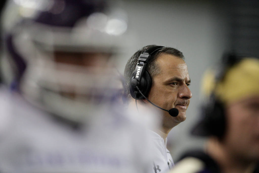 Lake Stevens head coach Thomas Tri reacts as Union scores a touchdown as the Vikings lost to Union 52-20 in Washington Div. 4A high school football championship, Saturday, Dec. 1, 2018, in Tacoma, Wash. (Andy Bronson / The Herald via AP)