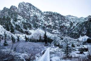 An elevated walking path that runs along Heather Lake is covered with snow on Wednesday, Dec. 5, 2018 in Granite Falls, Wa. (Olivia Vanni / The Herald)